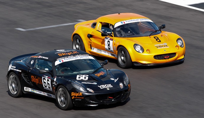 Sam Tomlinson (car 66) battling with Alex Ball during the latest round of the Lotus Elise Trophy at Silverstone. Picture: SNAPPY RACES